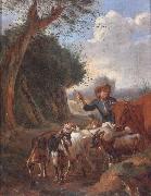 unknow artist A Young herder with cattle and goats in a landscape oil painting artist